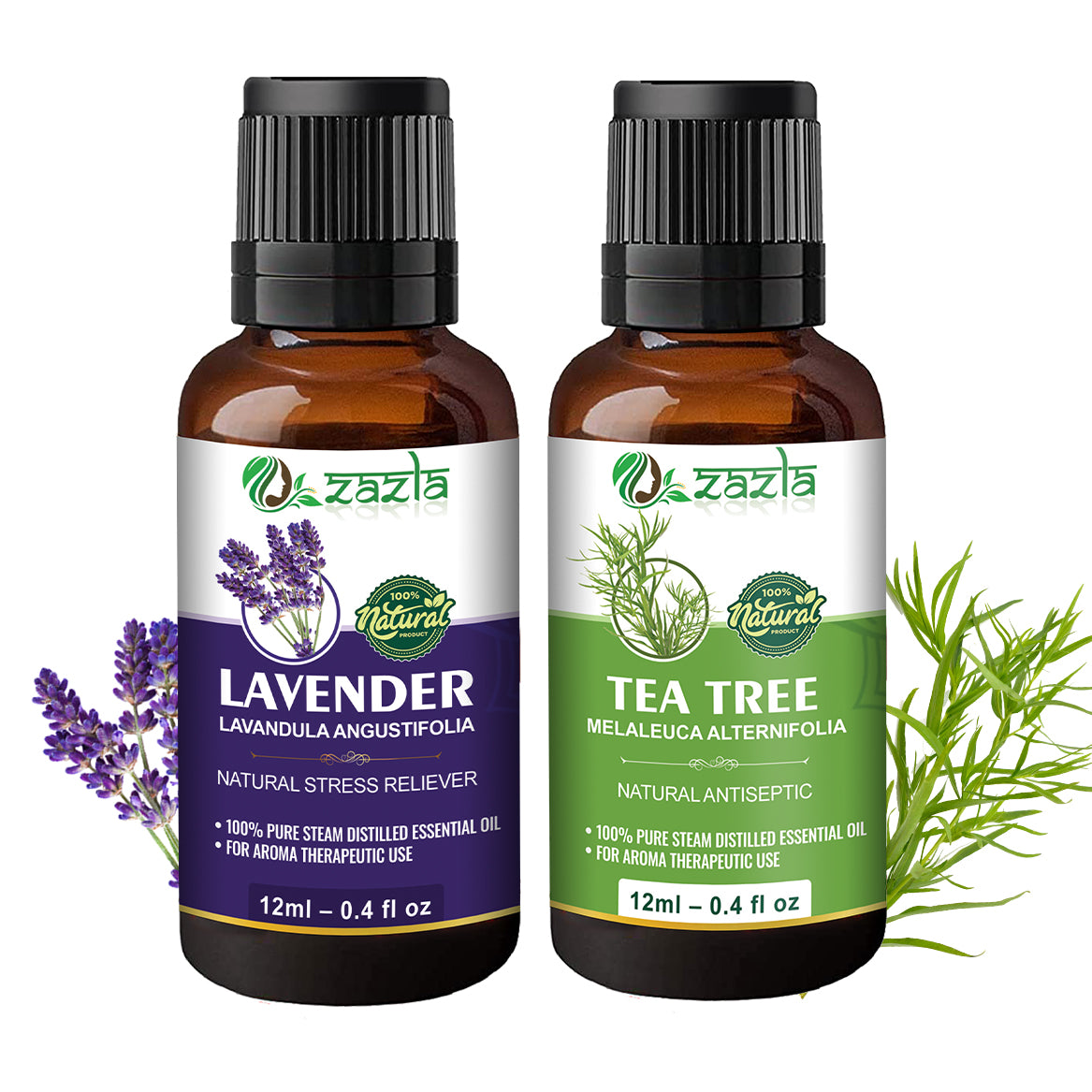 Zazla Essential Oils Combo – Lavender & Tea Tree (12ml each)