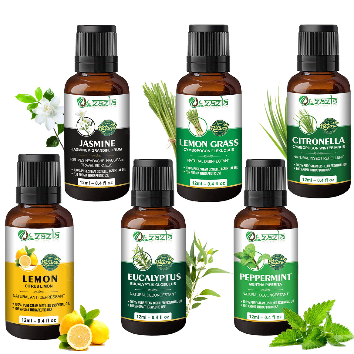 Zazla Essential Oils Combo – Jasmine, Lemongrass, Citronella, Lemon, Eucalyptus & Peppermint (12ml each)