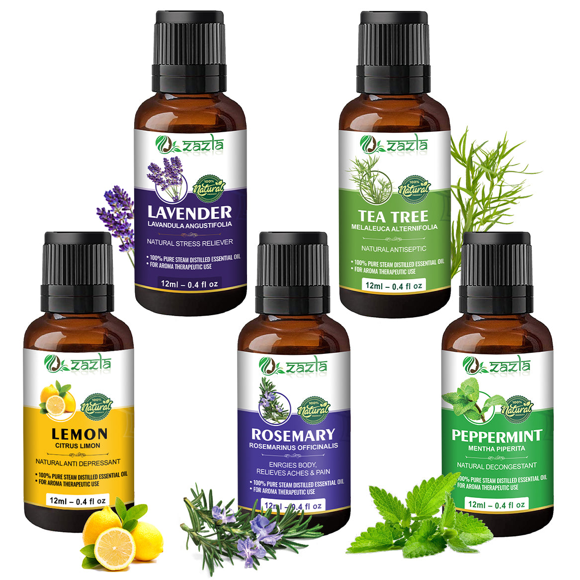 Zazla Essential Oils Combo – Lavender, Tea Tree, Lemon, Rosemary & Peppermint (12ml each)