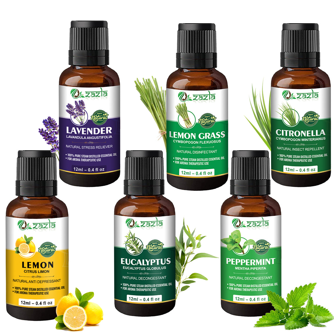 Zazla Essential Oils Combo – Jasmine, Tea Tree, Citronella, Ylang Ylang, Eucalyptus & Peppermint (12ml each)