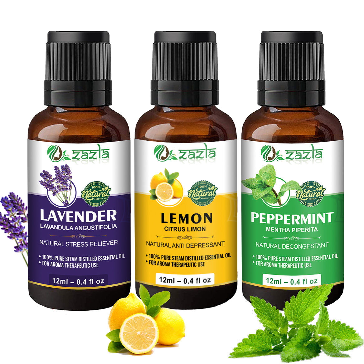 Zazla Essential Oils – Lavender, Lemon & Peppermint (12ml each)