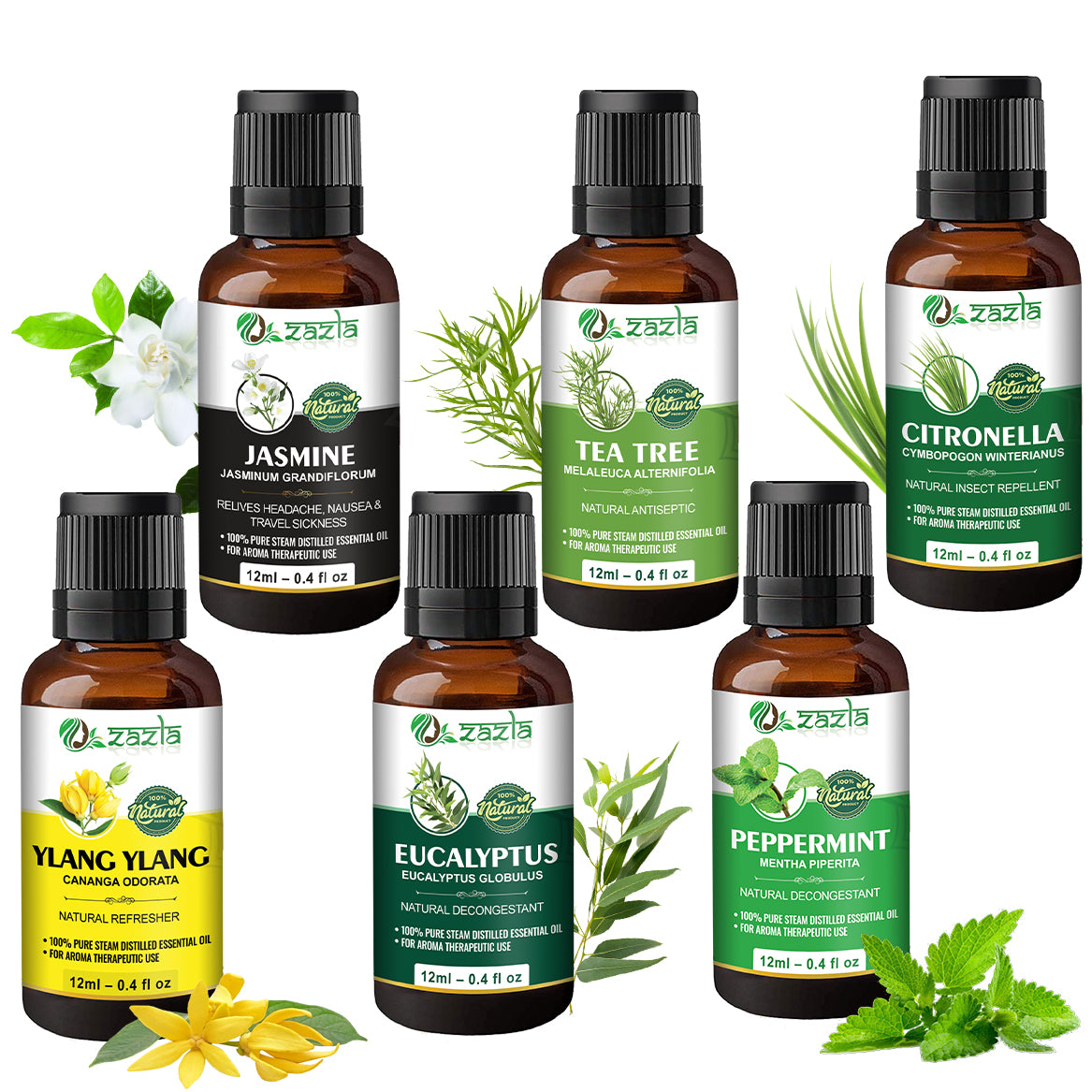 Zazla Essential Oils Combo – Jasmine, Tea Tree, Citronella, Ylang Ylang, Eucalyptus & Peppermint (12ml each)