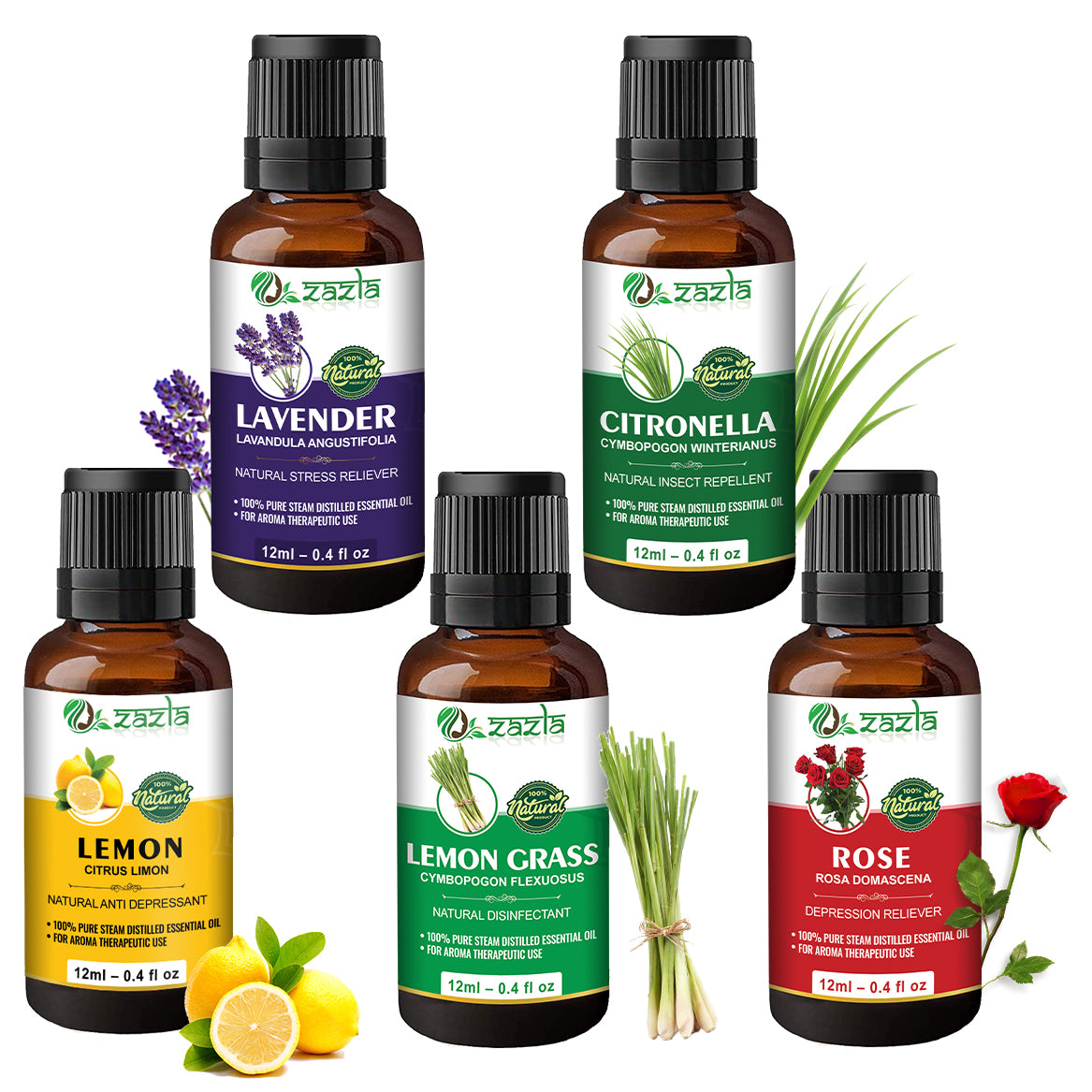 Zazla Essential Oils Combo – Lavender, Citronella, Lemon, Lemongrass & Rose (12ml each)