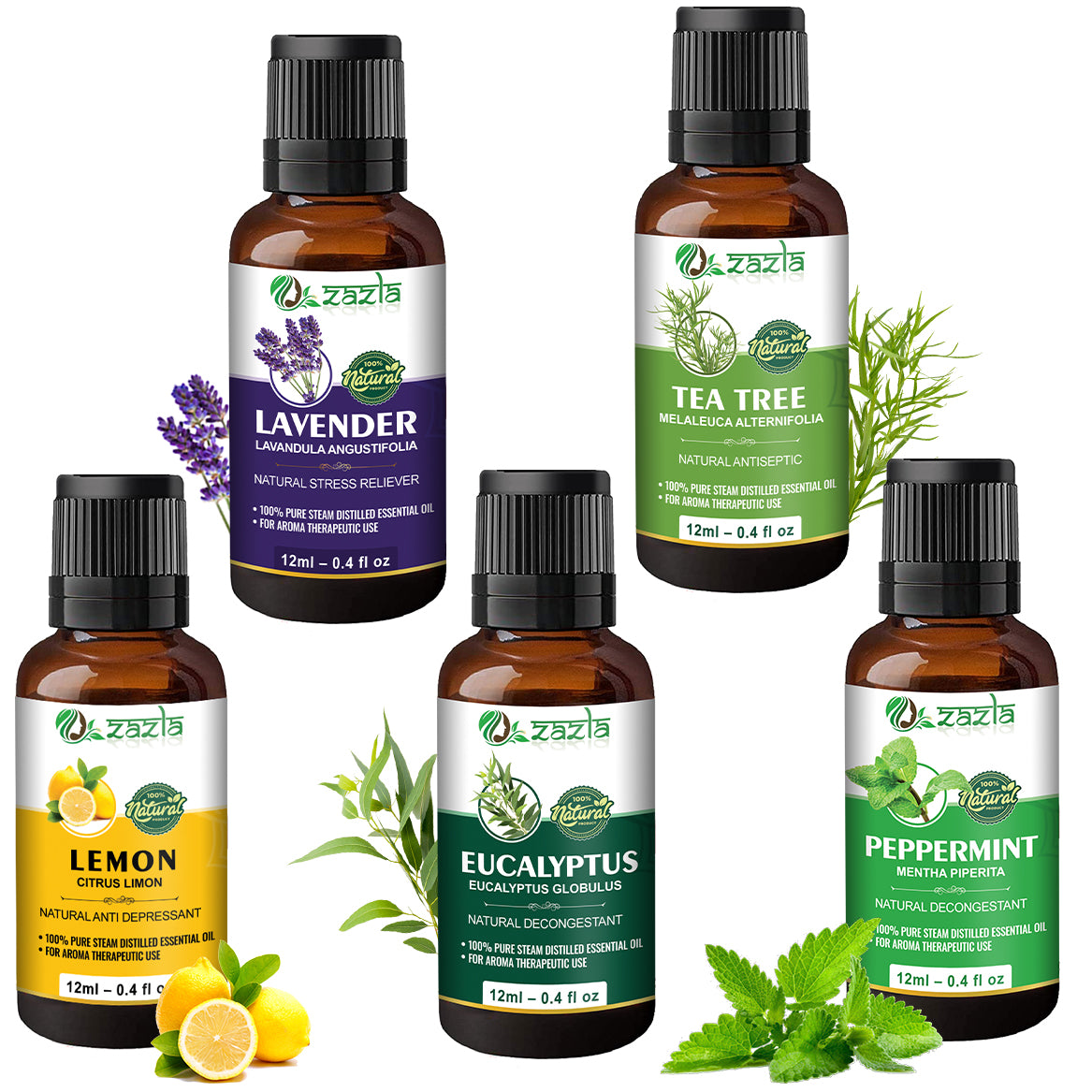 Zazla Essential Oils Combo – Lavender, Tea Tree, Lemon, Eucalyptus & Peppermint (12ml each)