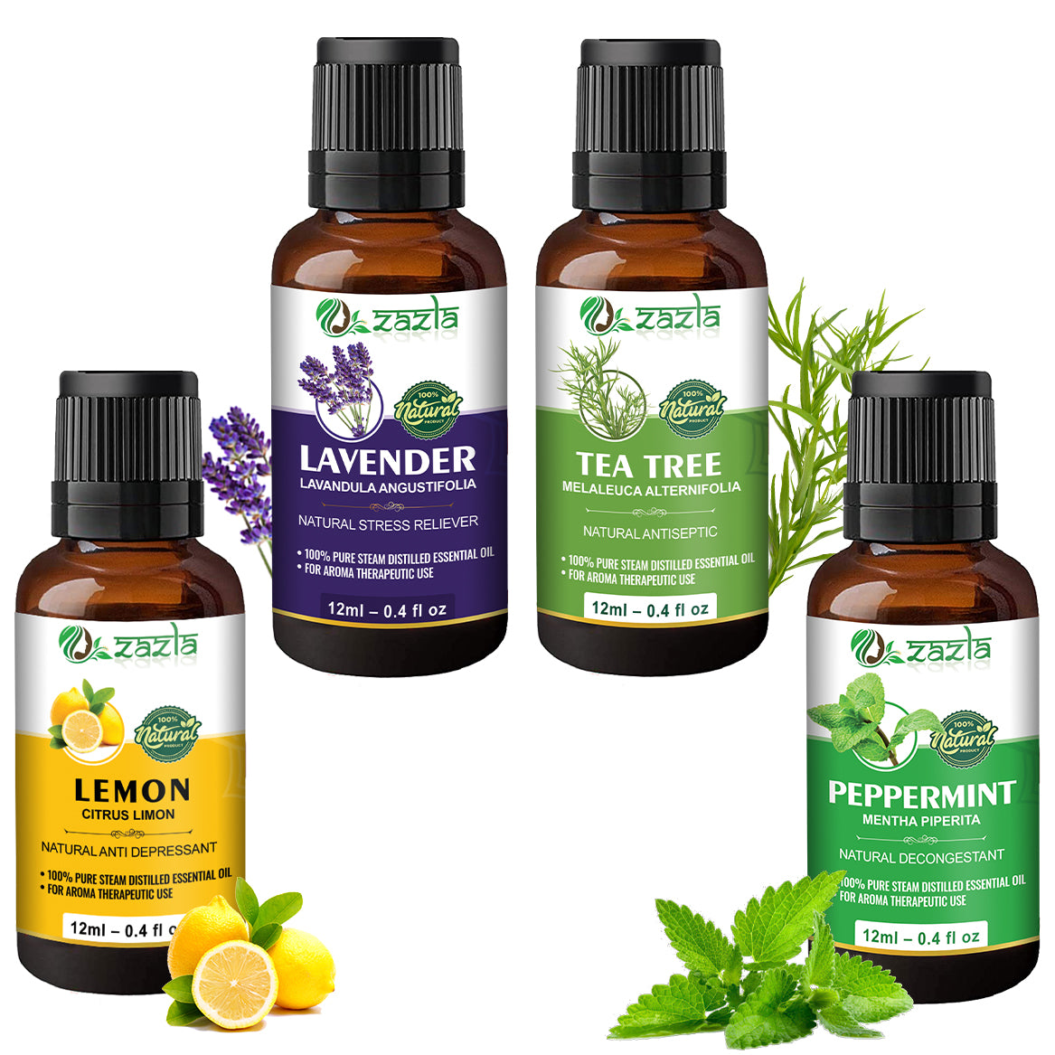 Zazla Essential Oils Combo – Lavender, Tea Tree, Lemon & Peppermint (12ml each)